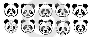 Set of logo panda portrait hand drawn sketch Vector illustration, Wild animals