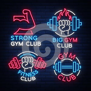 Set of logo signs on fitness theme, bodybuilding in neon style , vector illustration. Glowing banner, a bright