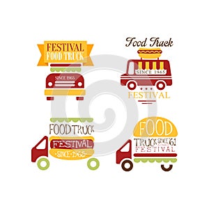 Set of logo templates for food truck festival. Colorful vector emblems with burger and hot dog. Street eating