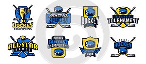 Set of logos, emblems of ice hockey. Colorful collection of ice hockey emblems. Logo template for sports tournaments