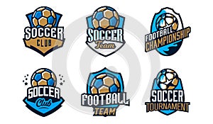 Set of logos, emblems of soccer. Colorful collection of soccer emblems. Football sport tournament logo template