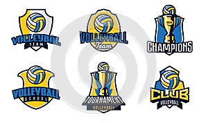 Set of logos, emblems of volleyball. Colorful collection of volleyball emblems. Logo template for sports tournaments
