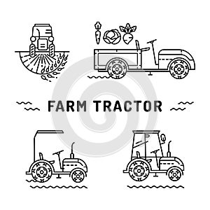 Set logos farm tractor line art style Agriculture machines vector