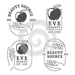 Set of logos with a hand holding an apple.