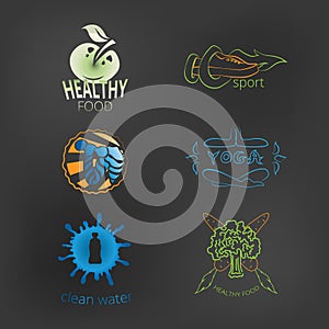 Set of logos healthy lifestyle: healthy food, yoga, fitness, clean water.