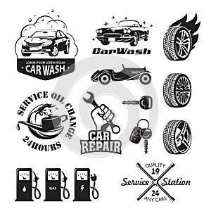 Set of logos and icons relating to service station car: oil chan