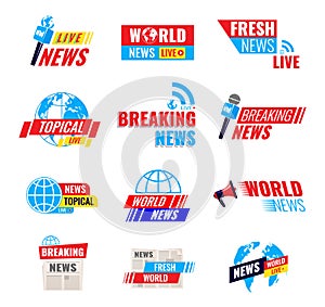 Set logos, logotypes, fresh live news broadcast, social media emblems.