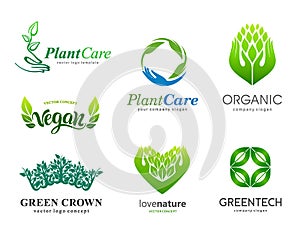 Set of logos. Plant care, eco, organic. Healthy eating and a healthy lifestyle