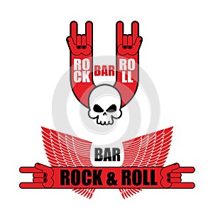 Set of logos for rock and roll bar. Hand rock sign and wings. Te