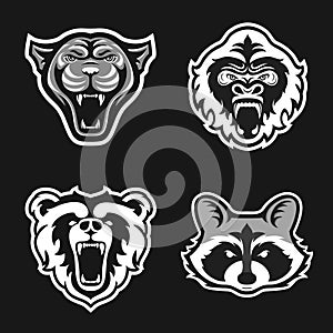 Set of logos for sport team. Panthers, Gorillas, Bears, Raccoons. Animal mascot logotype. Template. Vector illustration.