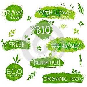 Set of logos, stamps, badges, labels for natural eco products, farms, organic. Floral elements and grungy texture. Green