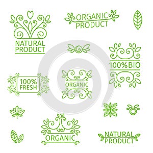 Set of logos, stamps, badges, labels for natural products, farms, organic. Floral elements and swirl. Green, pastel