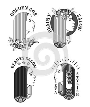 A set of logos with a woman`s face and flora