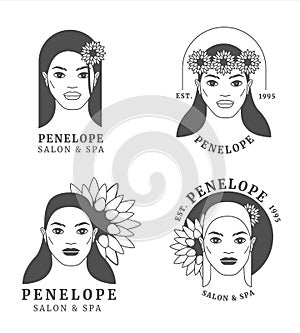 A set of logos with a woman`s face and floral