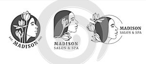 A set of logos with a woman`s face and floral