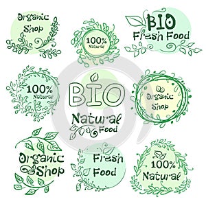 Set of logotypes elements hand-drawn bio, organic, natural food for your design.