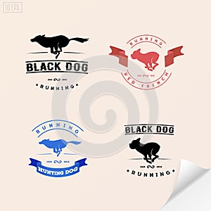 Set of logotypes with running dog for petshops, veterinary, advertising of hunting equipment.