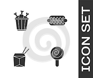 Set Lollipop, Chicken leg in package box, Asian noodles and chopsticks and Hotdog sandwich icon. Vector