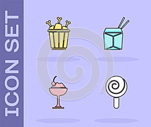 Set Lollipop, Chicken leg in package box, Ice cream bowl and Asian noodles and chopsticks icon. Vector