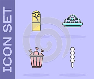 Set Lollipop, Doner kebab, Chicken leg in package box and Asian noodles bowl icon. Vector