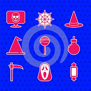 Set Lollipop, Funny and scary ghost mask, Candy, Bomb ready to explode, Scythe, Witch hat, and Skull icon. Vector