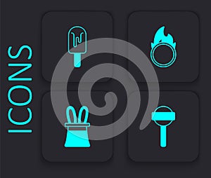 Set Lollipop, Ice cream, Circus fire hoop and Magician hat and rabbit ears icon. Black square button. Vector