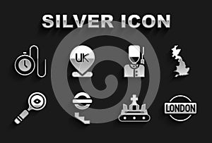 Set London underground, England map, sign, British crown, Magnifying glass, soldier, Watch with chain and Location icon