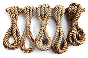 A set of long brown ropes isolated on a white background, with different sizes and lengths. ropes are