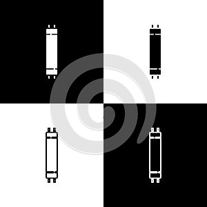 Set Long luminescence fluorescent energy saving lamp icon isolated on black and white background. Vector