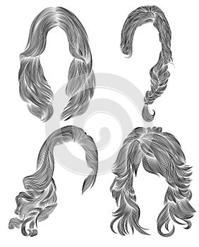Set long woman hairs  . black  pencil drawing sketch . women fashion beauty style.  fringe curls cascade  plait