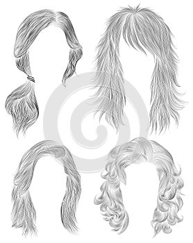 Set long woman hairs  . black  pencil drawing sketch . women fashion beauty style. tail . fringe curls cascade