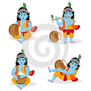 Set of lord krishna different posses character Illustration, happy Krishna janmashtami birthday of lord krishna, festival of india