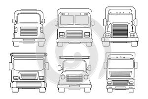 Set of lorry outline car. Heavy truck for transportation various objects. Vector line illustration isolated on white