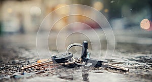 Set of lost keys on the ring on wet ground on the street