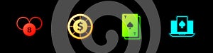 Set Lottery ball on bingo card, Casino chips, Playing with spades and Online poker table game icon. Vector