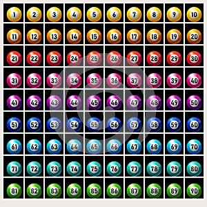 Set of lottery or bingo balls