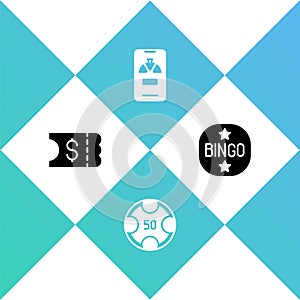 Set Lottery ticket, Casino chips, Lucky wheel on phone and Bingo icon. Vector