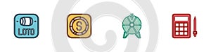 Set Lottery ticket, Coin money with dollar, Lucky wheel and Bingo card icon. Vector