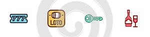Set Lottery ticket, Old key and Champagne bottle with glass icon. Vector