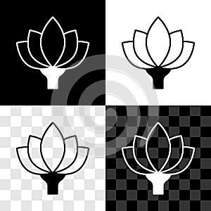 Set Lotus flower icon isolated on black and white, transparent background. Vector