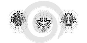 Set of lotus flower, yoga or zen decorative element in boho style, Indian modern ornaments. Vector illustration.