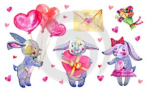 Set of love bunnies in different poses. Saint Valentines day design template. Hand drawn watercolor