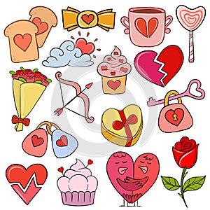 Set of love elements for design Valentine Day card bird heart rose lock symbol drawing