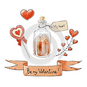 Set of love elements for Valentines day. Hearts, love potion and lettering. Vector illustration.