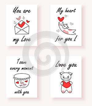 Set of love gift cards with cute images