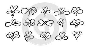 Set of Love hand drawn hearts sign of infinity with cute sketch line. Divider doodle element love shape for valentines day, weddin