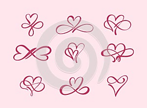 Set of Love hand drawn hearts sign of infinity with cute sketch line. Divider doodle element love shape for valentines day, weddin