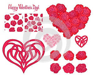 Set of Love heart, roses, bouquet of roses and seamless patterns