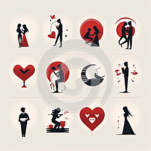 Set of love icons in retro style. Silhouettes of romantic couples