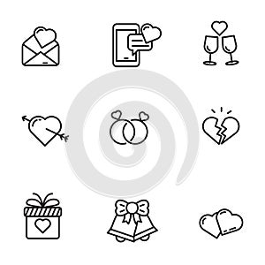 Set of love and romance icons in black line design